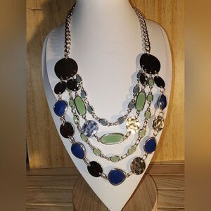 Talbot's Statement Necklace Blue& Green Rhinestones Hammered Silver Tone Bib NWT